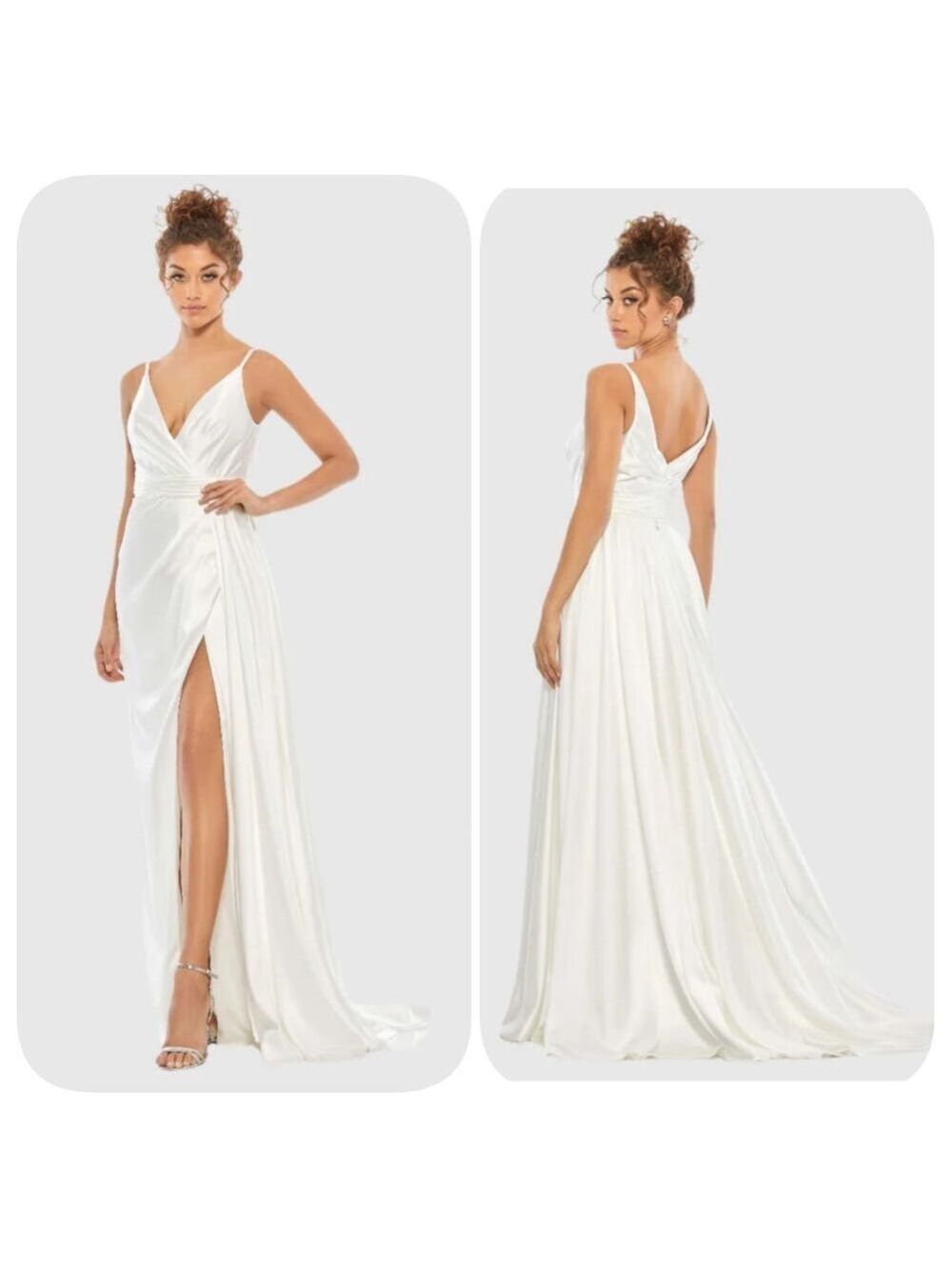 NWOT Mac Duggal Sleeveless Faux Wrap Satin Draped Gown White Sz 14